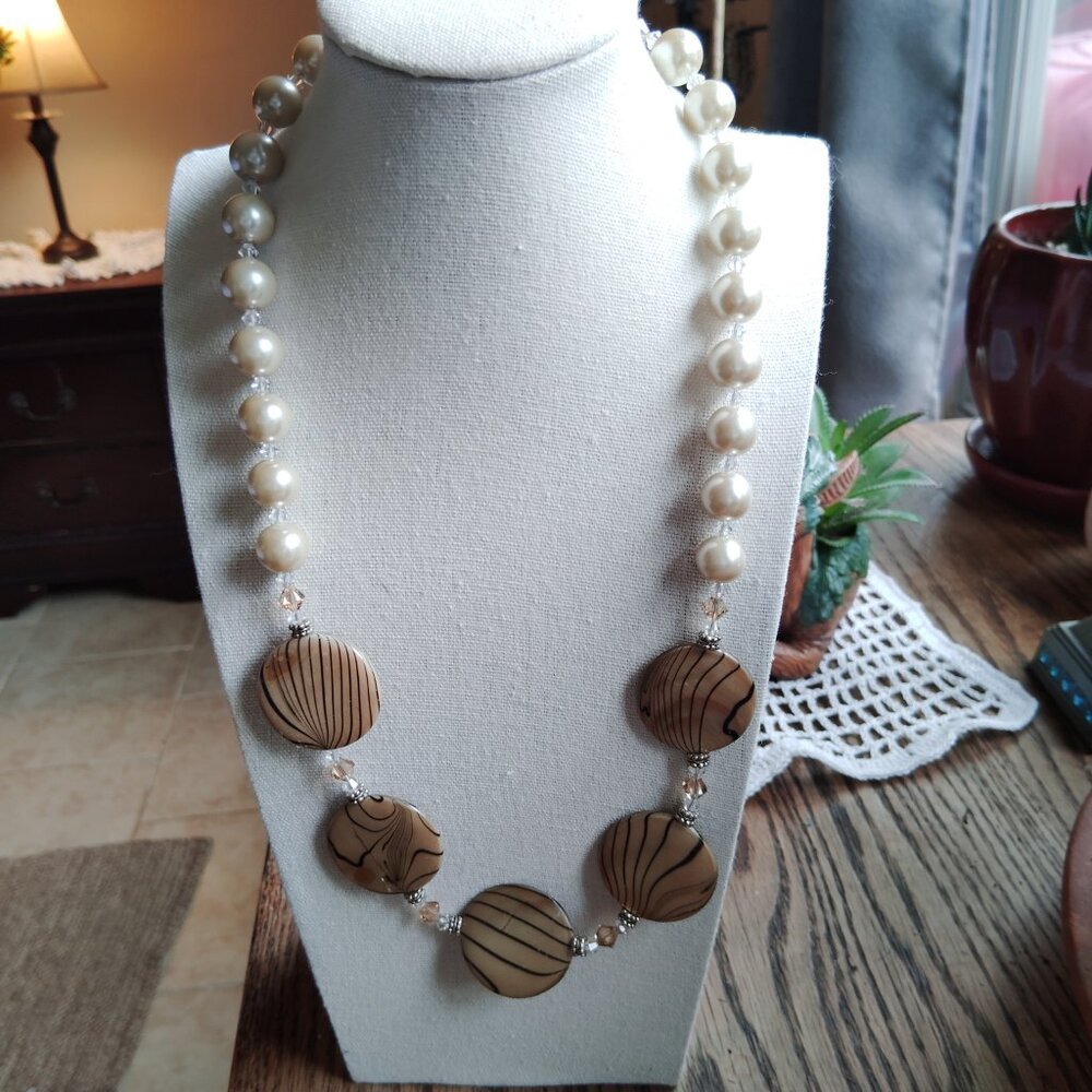 Elegant Faux Pearl & Shell Bead Necklace – 23” Toggle Clasp, Heart Accent